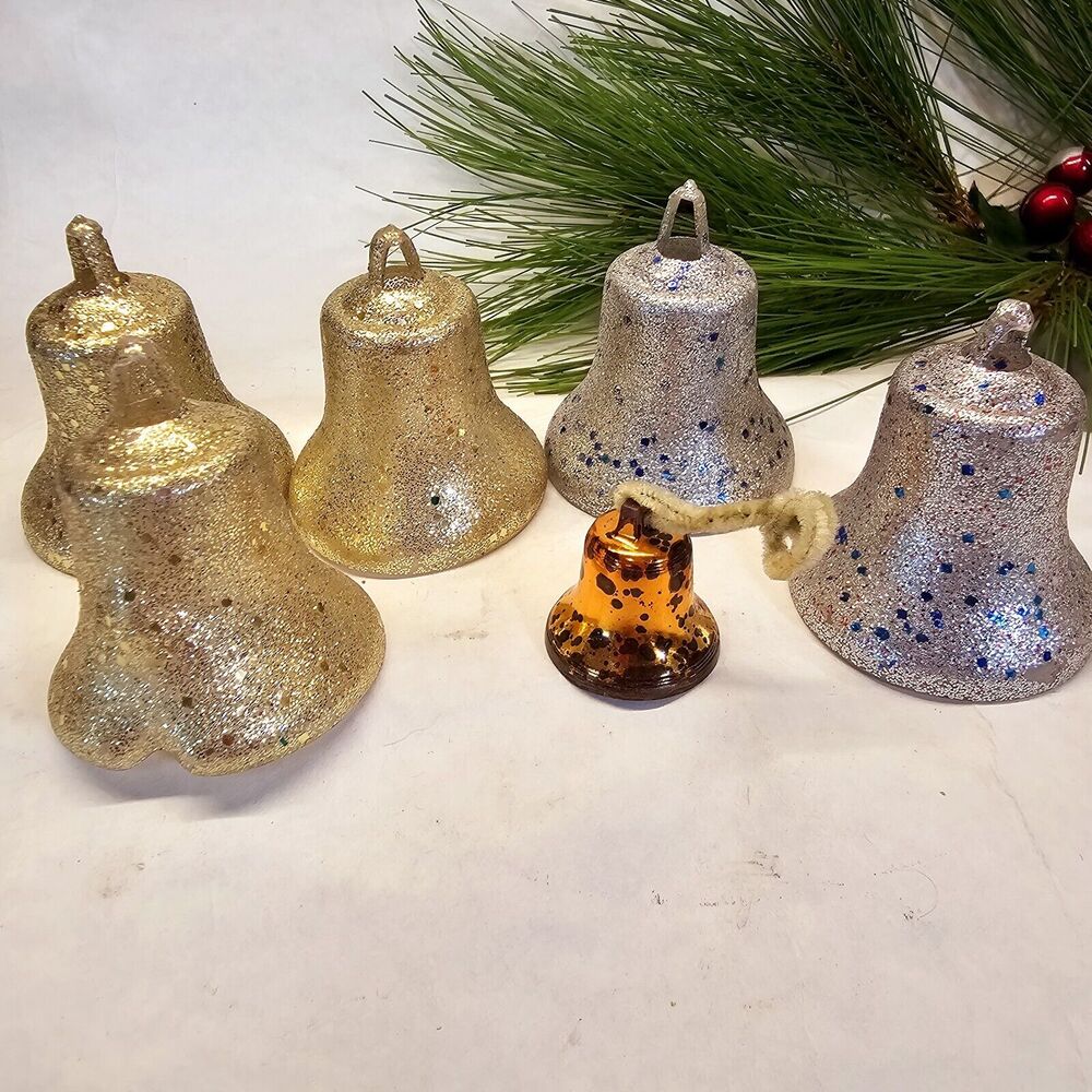 Vintage 6 Hard Plastic Glitter Bells Gold Silver Christmas Tree Ornaments Retro!